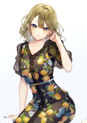 Rule 34 | 1girl, arm support, arm up, black dress, blue nails, brown hair, closed mouth, commentary request, dress, fingernails, food print, gradient background, hair between eyes, hand in own hair, head tilt, highres, lemon print, long hair, looking at viewer, momoshiki tsubaki, multicolored eyes, nail polish, orange eyes, original, polka dot, polka dot background, print dress, puffy short sleeves, puffy sleeves, purple background, purple eyes, see-through, short sleeves, sitting, smile, solo, white background