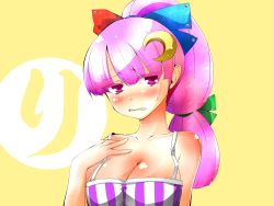 Rule 34 | 1girl, blush, breasts, cleavage, crescent, crescent hair ornament, crescent moon, female focus, hair ornament, hokuto (scichil), moon, patchouli knowledge, pink eyes, pink hair, ponytail, solo, touhou