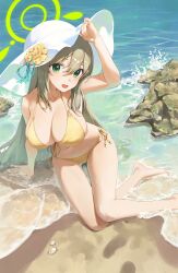 Rule 34 | 1girl, :d, absurdres, arm support, arm up, bare legs, barefoot, beach, bikini, blue archive, blush, breasts, brown hair, c2h6o, cleavage, day, green eyes, halo, hand on headwear, hat, highres, large breasts, long hair, looking at viewer, nonomi (blue archive), nonomi (swimsuit) (blue archive), ocean, open mouth, outdoors, rock, seashell, shell, side-tie bikini bottom, sitting, smile, solo, sun hat, swimsuit, thigh gap, very long hair, water, white hat, yellow bikini, yokozuwari