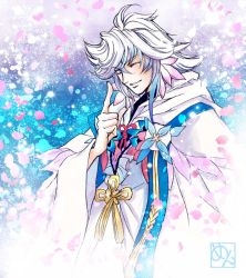 Rule 34 | 1boy, cherry blossoms, fate/grand order, fate (series), flower knot, hand up, index finger raised, kazuki-mendou, looking at viewer, male focus, merlin (fate), one eye closed, purple eyes, purple hair, robe, signature, smile, solo, white hair