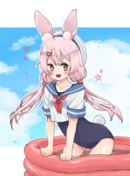 Rule 34 | 1girl, ahoge, animal ear fluff, animal ears, cloud, commentary request, crop top, hair ornament, hairclip, hat, highres, leaning forward, long hair, low twintails, mao hinata, no pants, one-piece swimsuit, open mouth, outdoors, pink eyes, pink hair, rabbit ears, rabbit tail, school swimsuit, school uniform, serafuku, shirt, sky, smile, solo, swimsuit, tail, tomari mari, tomari mari channel, twintails, virtual youtuber, wading, wading pool, wet, wet clothes, wet shirt, white hat, white shirt