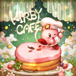 Rule 34 | blue eyes, blush, blush stickers, chef hat, cloud, clover, english text, flower, food, four-leaf clover, fruit, hat, itsukikanuma, kirby, kirby (series), kirby cafe, nintendo, no humans, one eye closed, open mouth, pancake, pastry bag, smile, solo, pancake stack, star (symbol), strawberry, whipped cream