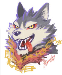 Rule 34 | 1boy, animal ears, chain, colored sclera, dog boy, dog ears, fangs, furry, furry male, fuyodo, garmr (housamo), grey fur, highres, male focus, open mouth, portrait, red fur, red sclera, signature, simple background, solo, tokyo houkago summoners, tongue, tongue out, white background, yellow eyes
