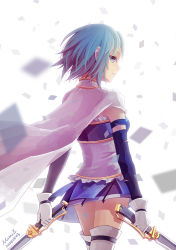 Rule 34 | 10s, 1girl, 2014, artist name, blue eyes, blue hair, breasts, cape, dated, dual wielding, elbow gloves, frills, from behind, gloves, holding, looking back, magical girl, mahou shoujo madoka magica, mahou shoujo madoka magica (anime), matching hair/eyes, miki sayaka, mimiz, short hair, skirt, small breasts, solo, sword, thighhighs, weapon