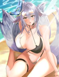 Rule 34 | 1girl, :o, absurdres, animal ears, arm behind back, azur lane, bare shoulders, beach, bracelet, breasts, brown eyes, cleavage, collarbone, core1013, cosplay, eyewear on head, fox tail, hands on floor, highres, jewelry, kigurumi, large breasts, long hair, looking at viewer, mask, mask on head, multicolored clothes, multicolored swimsuit, navel, ocean, official alternate costume, on floor, open mouth, purple hair, simple background, sitting, solo, swimsuit, tail, thighs, tosa (azur lane), tosa (hometown zest) (azur lane)