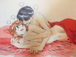 Rule 34 | ..., 1boy, 1girl, absurdres, aftersex, bed, black hair, blush, brown hair, closed eyes, completely nude, couple, eywy4324, grabbing, grabbing from behind, hair ornament, hetero, highres, ikari shinji, long hair, looking at another, looking back, lying, navel, neon genesis evangelion, nude, on bed, sex, shiny skin, short hair, simple background, skin tight, skirt, socks, souryuu asuka langley, traditional media, two side up