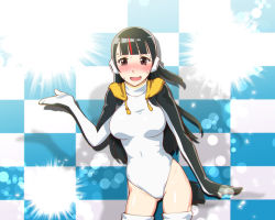 Rule 34 | 10s, 1girl, blunt bangs, blush, breasts, brown eyes, checkered background, cosplay, covered navel, embarrassed, emperor penguin (kemono friends), emperor penguin (kemono friends) (cosplay), headphones, highleg, highleg leotard, hood, hoodie, kemono friends, kobuchizawa shirase, leotard, medium breasts, multicolored hair, open mouth, red hair, smile, sofmap background, solo, sora yori mo tooi basho, step and repeat, streaked hair, sweat, thighhighs, turtleneck, two-tone hair, ueyama michirou, white leotard