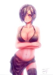 Rule 34 | 10s, 1girl, anhei dabai, backlighting, bikini, black hair, black thighhighs, blush, breasts, cleavage, cowboy shot, female focus, kirishima touka, large breasts, looking at viewer, navel, one eye covered, red eyes, sarong, short hair, simple background, solo, swimsuit, thighhighs, tokyo ghoul, white background