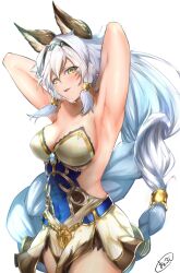 1girl animal_ears armor armored_dress armpits arms_up backless_outfit blue_dress braid breasts cat_ears cleavage collarbone cowboy_shot dress erune gem granblue_fantasy grey_hair hair_tubes hands_up heles highres long_hair looking_at_viewer medium_breasts nabeji_(wata_nb) presenting_armpit sideless_outfit single_braid sleeveless sleeveless_dress smile solo tiara two-tone_dress very_long_hair white_background yellow_dress yellow_eyes
