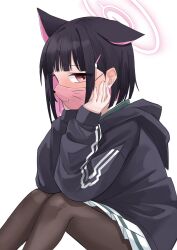 Rule 34 | 1girl, animal ears, black hair, black jacket, black pantyhose, blue archive, blunt bangs, blush, cat ears, colored inner hair, extra ears, feet out of frame, halo, highres, hood, hooded jacket, jacket, kazusa (blue archive), knees up, looking at viewer, mask, mouth mask, multicolored hair, pantyhose, pepsi2330, pink hair, print mask, school uniform, simple background, solo, two-tone hair, white background