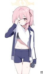 Rule 34 | 1girl, artist name, black shorts, blue archive, blush, cowboy shot, dated, feathers, gym shirt, gym shorts, gym uniform, halo, highres, jacket, long sleeves, looking at viewer, myeolchi, navel, one eye closed, one side up, open clothes, open jacket, parted lips, pink eyes, pink hair, serina (blue archive), shirt, short hair, shorts, signature, simple background, solo, sweat, track jacket, white background, white shirt, yellow halo