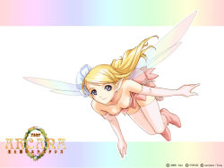 Rule 34 | 1girl, arcana, bare shoulders, blonde hair, blue eyes, boots, breasts, cleavage, dress, elbow gloves, fairy, fairy wings, flower, flying, gloves, hair flower, hair ornament, long hair, official art, official wallpaper, pointy ears, primo, primo (arcana), small breasts, smile, thighhighs, tony taka, wallpaper, wings