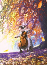 Rule 34 | 1girl, autumn leaves, cello, highres, instrument, mocha (cotton), music, original, outdoors, playing instrument, sitting, tree