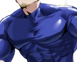 Rule 34 | 003 ssq, 1boy, adam&#039;s apple, bara, blue bodysuit, bodysuit, brown hair, close-up, covered abs, facial hair, goatee, head out of frame, large pectorals, male focus, mature male, muscular, muscular male, original, pectoral focus, pectorals, short hair, skin tight, solo