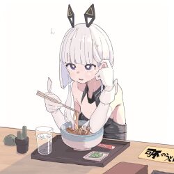 Rule 34 | 1girl, alternate costume, animal ears, black leotard, blunt bangs, breasts, bright pupils, cable, cevio, chopsticks, creature, cup, curry udon, detached collar, drinking glass, edamame, elbow gloves, fake animal ears, gloves, hair in food, tucking hair, hands up, highres, holding, holding chopsticks, kafu-chan no kare udon kyousou kyoku (cevio), kafu (cevio), kamitsubaki studio, leotard, long hair, looking up, low twintails, mechanical ears, medium breasts, miminushi, open mouth, playboy bunny, purple eyes, rabbit ears, solo, strapless, strapless leotard, twintails, water, white background, white gloves, white hair, white pupils, wrist cuffs