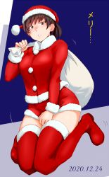 Rule 34 | 1girl, 2020, amagami, boots, brown eyes, brown hair, covering privates, covering crotch, dated, embarrassed, fur trim, highres, kneeling, merry christmas, sack, santa costume, sasaki akira (ugc), shorts, surprised, thigh boots, thighhighs, translated, tsukahara hibiki