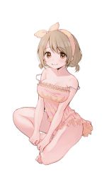 10s 1girl bad_id bad_twitter_id barefoot blush breasts brown_eyes brown_hair chungu female_focus frills full_body hairband highres idolmaster idolmaster_cinderella_girls indian_style jpeg_artifacts large_breasts looking_at_viewer mimura_kanako nightgown short_hair short_twintails sitting smile solo strap_slip twintails white_background