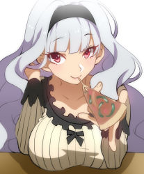 Rule 34 | 1girl, bad id, bad pixiv id, breasts, collarbone, eating, food, grey hair, hairband, headband, hohehohe, idolmaster, idolmaster (classic), large breasts, long hair, looking at viewer, pizza, pizza slice, red eyes, shijou takane, simple background, smile, solo