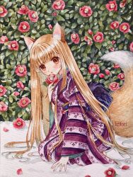 Rule 34 | 1girl, animal ear fluff, animal ears, artist name, brown eyes, brown hair, bush, camellia, flower, fox ears, fox girl, fox tail, from side, highres, holding, holding flower, japanese clothes, kimono, kotori (mkoto7716), long hair, long sleeves, looking at viewer, looking to the side, obi, original, outdoors, parted lips, purple kimono, red flower, sash, seiza, sitting, socks, solo, striped clothes, striped kimono, tail, tail raised, very long hair, white socks