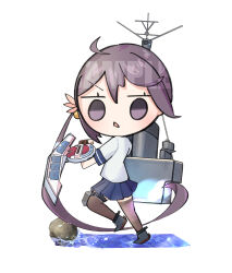 Rule 34 | 1girl, ahoge, akebono (kancolle), brown thighhighs, chibi, commission, duel disk, from side, full body, highres, kantai collection, lemonasty, looking at viewer, machinery, miniskirt, pleated skirt, purple eyes, purple hair, sample watermark, side ponytail, skirt, solo, thighhighs, water, watermark, yu-gi-oh!