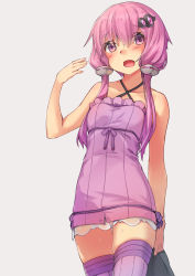 Rule 34 | 1girl, bare arms, bare shoulders, blush, breasts, closed eyes, collarbone, criss-cross halter, dress, frilled dress, frills, grey background, hair ornament, halter dress, halterneck, highres, holding, kanzen bouon, looking at viewer, open mouth, panties, pantyshot, purple eyes, purple thighhighs, see-through, short dress, short hair with long locks, sidelocks, simple background, small breasts, smile, solo, standing, striped clothes, striped dress, striped thighhighs, sweat, thighhighs, thighs, underwear, upskirt, vertical-striped clothes, vertical-striped dress, vertical-striped thighhighs, voiceroid, yuzuki yukari