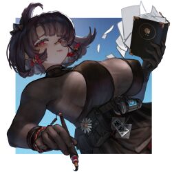 Rule 34 | 1girl, black dress, black hair, blue background, book, breasts, calligraphy brush, dress, earrings, flying paper, girls&#039; frontline, girls&#039; frontline neural cloud, highres, holding, holding book, holding brush, holding calligraphy brush, holding paintbrush, inset border, jewelry, large breasts, lieeux, looking at viewer, mole, mole under mouth, monocle, nora (neural cloud), paintbrush, paper, pouch, red eyes, short hair, solo, two-tone background, white background