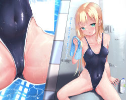 Rule 34 | 1girl, blonde hair, blue eyes, blue one-piece swimsuit, breasts, cameltoe, cleft of venus, collarbone, competition swimsuit, covered erect nipples, goldowl, groin, highleg, highleg swimsuit, highres, long hair, looking at viewer, navel, one-piece swimsuit, open mouth, original, pool, poolside, sitting, small breasts, solo, spread legs, swimsuit, thighs, towel
