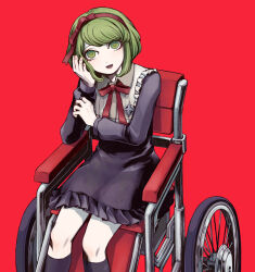 Rule 34 | 1girl, apron, armrest, black dress, black footwear, bow, calf socks, child, collared dress, danganronpa (series), danganronpa another episode: ultra despair girls, dress, eyelashes, female focus, green eyes, green hair, hair bow, hairband, hand to forehead, hand up, head in hand, headband, looking at viewer, matching hair/eyes, metal chair, bowtie, neck ribbon, open mouth, parted bangs, pleated dress, red background, red bow, red chair, red hairband, red headband, red headwear, red ribbon, ribbon, simple background, sitting, solo, tongue, towa monaca, wheelchair, white apron