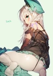 Rule 34 | 1girl, artist name, ass, bad id, bad pixiv id, black gloves, blush, character request, elbow gloves, gloves, green eyes, hat, long hair, looking at viewer, looking back, pantyhose, rope, shibari, shibari over clothes, silver hair, simple background, skirt, solo, sukja, white pantyhose