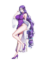 Rule 34 | 1girl, absurdres, breasts, china dress, chinese clothes, dress, earrings, fate/grand order, fate (series), feather boa, full body, high heels, highres, jewelry, large breasts, long hair, low-tied long hair, minamoto no raikou (fate), minamoto no raikou (traveling outfit) (fate), parted bangs, purple dress, purple eyes, purple footwear, purple hair, simple background, sleeveless, sleeveless dress, smile, solo, standing, very long hair, white background, xiao gen