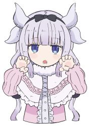 Rule 34 | 1girl, :o, beads, black bow, black hairband, blue eyes, blunt bangs, blush stickers, bow, capelet, claw pose, cropped torso, dragon girl, dragon horns, dress, frilled capelet, frills, gradient hair, hair beads, hair bow, hair ornament, hairband, highres, horns, kanna kamui, kobayashi-san chi no maidragon, light purple hair, long hair, long sleeves, looking at viewer, low twintails, lower teeth only, multicolored hair, pink dress, simple background, solo, straight-on, teeth, twintails, upper body, white background, yoyohachi