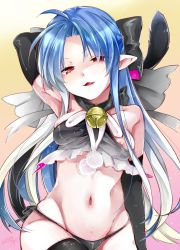 Rule 34 | 1girl, areola slip, arm behind head, armpits, bad id, bad pixiv id, bare shoulders, bell, black bow, black bra, black gloves, black panties, black ribbon, black thighhighs, blue hair, bow, bra, breasts, cat tail, choker, cowboy shot, elbow gloves, fang, frilled bra, frills, gloves, gradient background, hair bow, hair ribbon, half updo, highres, jingle bell, kagetsu tooya, len (tsukihime), lingerie, lips, long hair, looking at viewer, melty blood, muyako (junk), navel, neck bell, neck ribbon, open mouth, panties, parted bangs, pink lips, pointy ears, pom pom (cheerleading), red eyes, ribbon, shiny skin, side-tie panties, skindentation, small breasts, solo, stomach, string panties, tail, thighhighs, tsukihime, underwear