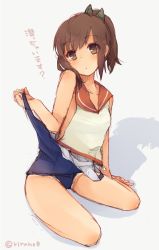 Rule 34 | 10s, 1girl, brown eyes, brown hair, clothes pull, full body, i-401 (kancolle), kantai collection, one-piece swimsuit, one-piece swimsuit pull, riruno, sailor collar, school swimsuit, school uniform, short hair, short ponytail, solo, swimsuit, swimsuit under clothes, tan, undressing