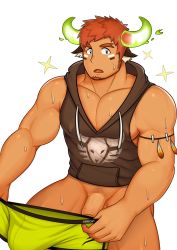 Rule 34 | 1boy, absurdres, animal ears, bara, black hoodie, bottomless, boxer briefs, brown hair, commentary, covered erect nipples, cowboy shot, dressing, facial hair, fiery horns, foreskin, forked eyebrows, glowing horns, goatee, green male underwear, highres, holding, holding clothes, holding underwear, hood, hoodie, horns, large pectorals, male focus, male underwear, unworn male underwear, mikicat, muscular, muscular male, native american, nipple slip, nipples, pectoral cleavage, pectorals, penis, penis peek, sidepec, sleeveless, sleeveless hoodie, solo, sweat, thick eyebrows, tokyo houkago summoners, uncensored, underwear, wakan tanka