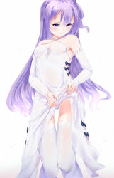 Rule 34 | 1girl, armpits, azur lane, breasts, cleavage, clothes lift, detached sleeves, dress, evening gown, highres, lifting own clothes, light purple hair, long hair, looking at viewer, panties, pantyshot, purple eyes, simple background, skirt, skirt lift, solo, somray, standing, thighhighs, underwear, unicorn (azur lane), very long hair, white background, white panties