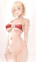 Rule 34 | 1girl, artist name, bar censor, bikini, bikini top only, blonde hair, breasts, censored, cleft of venus, collarbone, covered erect nipples, cowboy shot, female pubic hair, hair ribbon, highres, looking at viewer, lycoris recoil, medium breasts, navel, navel piercing, nishikigi chisato, open mouth, piercing, pixiv id, pubic hair, pussy, red bikini, red eyes, red ribbon, resolution mismatch, ribbon, rifu (643763873), short hair, simple background, solo, source larger, stomach, swimsuit, underboob, watermark, web address, white background