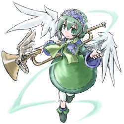 Rule 34 | 1girl, dress, green eyes, green hair, hairband, instrument, kugelschreiber, looking at viewer, luminous arc, luminous arc 2, pixiv thumbnail, resized, sadie, shoes, short hair, simple background, smile, solo, trumpet, white background, wings