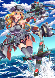 Rule 34 | &gt;:o, 10s, 1girl, :o, aircraft, airplane, armor, armpits, bare shoulders, bf 109, bismarck (kancolle), black panties, blonde hair, blue eyes, blue sky, breastplate, breasts, brown gloves, cameltoe, clenched hand, cloud, day, detached sleeves, dress, dutch angle, gloves, grey dress, grey thighhighs, hat, highres, kantai collection, large breasts, machinery, military, military hat, military uniform, number10 (hagakure), ocean, open mouth, outstretched arm, panties, peaked cap, short dress, side-tie panties, sky, solo, thighhighs, underwear, uniform, v-shaped eyebrows