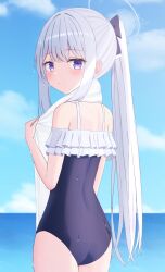 bikini blue_archive blue_eyes blue_ribbon blue_sky cloud frilled_bikini frills highres iris37337 long_bangs looking_at_viewer looking_back miyako_(blue_archive) miyako_(swimsuit)_(blue_archive) ocean ponytail ribbon sky swimsuit thighs towel towel_around_neck wet white_hair