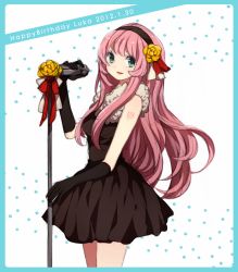 Rule 34 | 1girl, bad id, bad pixiv id, bare shoulders, black dress, black gloves, blue eyes, border, dress, elbow gloves, flower, fur, gloves, hair flower, hair ornament, hairband, happy birthday, long hair, looking at viewer, megurine luka, microphone, microphone stand, monaco (rmn02), pink hair, rose, sleeveless, sleeveless dress, smile, solo, tattoo, text focus, vocaloid, yellow flower, yellow rose