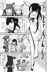 Rule 34 | 4girls, alternate costume, bare legs, bare shoulders, bird tail, bird wings, black-headed ibis (kemono friends), blush, braid, china dress, chinese clothes, comic, dress, elbow gloves, flying sweatdrops, folding fan, fur collar, gloves, greyscale, hair bobbles, hair ornament, hand fan, head wings, highres, japanese crested ibis (kemono friends), kemono friends, kotobuki (tiny life), long sleeves, monochrome, multiple girls, neck ribbon, ribbon, rockhopper penguin (kemono friends), scarlet ibis (kemono friends), short hair, short twintails, sitting, sleeveless, sweatdrop, tail, thighhighs, translation request, twin braids, twintails, vest, wings