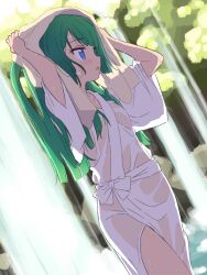 Rule 34 | 1girl, arms up, bad id, bad pixiv id, bathrobe, blue eyes, blunt bangs, blunt ends, breasts, commentary request, green hair, hands up, highres, holding, holding towel, ikzw, long hair, looking ahead, open mouth, outdoors, pretty series, pripara, profile, see-through, small breasts, solo, standing, towel, towel on head, tsukikawa chili, two side up, water, waterfall, wet, wet clothes, wide sleeves, wiping