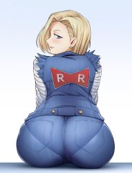 Rule 34 | 1girl, android 18, ass, blonde hair, blue eyes, blush, denim, denim jacket, denim skirt, dragon ball, dragonball z, earrings, from behind, highres, huge ass, jacket, jewelry, looking at viewer, looking back, pantylines, red ribbon army, short hair, simple background, skirt, smile, solo, tenguro