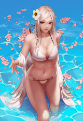 Rule 34 | 1girl, bikini, blonde hair, breasts, caustics, cleavage, commentary request, dungeon and fighter, female slayer (dungeon and fighter), flower, hair flower, hair ornament, halterneck, highres, korean commentary, long hair, looking at viewer, medium breasts, monaim, petals, petals on liquid, red eyes, solo, standing, swimsuit, vagabond (dungeon and fighter), very long hair, wading, water, wet, white bikini