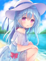Rule 34 | 1girl, bare shoulders, blue bow, blue hair, blue sky, blurry, blurry background, blush, bow, braid, breasts, cloud, cloudy sky, commentary request, day, depth of field, dress, hair between eyes, hair ornament, hairclip, hands on own knees, hat, hat bow, long hair, looking at viewer, looking to the side, off-shoulder dress, off shoulder, original, outdoors, parted lips, polka dot, purple eyes, red bow, short sleeves, sky, small breasts, smile, solo, squatting, sun hat, usashiro mani, very long hair, water, white dress, white hat