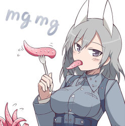 Rule 34 | 1girl, animal ears, aurora e. juutilainen, blue eyes, eating, fork, grey hair, jpeg artifacts, military, military uniform, null (nyanpyoun), solo, strike witches, strike witches: aurora no majo, tentacles, uniform, world witches series