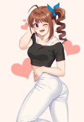 Rule 34 | 1girl, ahoge, arm behind head, ass, beige background, black shirt, blue ribbon, blush, bra strap, brown hair, commentary, denim, drill hair, hair ribbon, hand on own hip, heart, heart background, high-waist pants, idolmaster, idolmaster million live!, jeans, kamille (vcx68), looking at viewer, looking back, medium hair, midriff, off-shoulder shirt, off shoulder, one eye closed, open mouth, pants, purple eyes, ribbon, shirt, side drill, sidelocks, smile, solo, standing, white pants, yokoyama nao