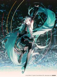 Rule 34 | 1girl, absurdly long hair, aqua eyes, aqua hair, aqua necktie, arm up, armpits, artist name, black footwear, black skirt, boots, breasts, commentary request, crypton future media, detached sleeves, full body, hatsune miku, headphones, headset, long hair, necktie, open mouth, piapro, pleated skirt, rella, skirt, small breasts, smile, solo, thigh boots, thighhighs, tie clip, twintails, very long hair, vocaloid, watermark, web address, zettai ryouiki
