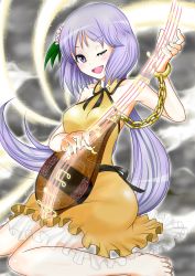 Rule 34 | 1girl, adapted costume, barefoot, biwa lute, flower, hair flower, hair ornament, highres, instrument, ju (old505), long hair, lute (instrument), musical note, one eye closed, open mouth, purple eyes, purple hair, smile, solo, teeth, touhou, tsukumo benben, twintails, upper teeth only, very long hair, wink