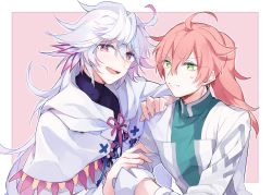 Rule 34 | 2boys, ahoge, black shirt, blush, cape, closed mouth, commentary request, earrings, fate/grand order, fate (series), green eyes, hair between eyes, hands on another&#039;s arm, hands on another&#039;s shoulder, jewelry, lab coat, long hair, looking at another, looking at viewer, male focus, merlin (fate), multiple boys, open mouth, orange hair, ponytail, purple eyes, ribbon, romani archaman, shirt, smile, spiked hair, very long hair, white cape, white hair, wowishi